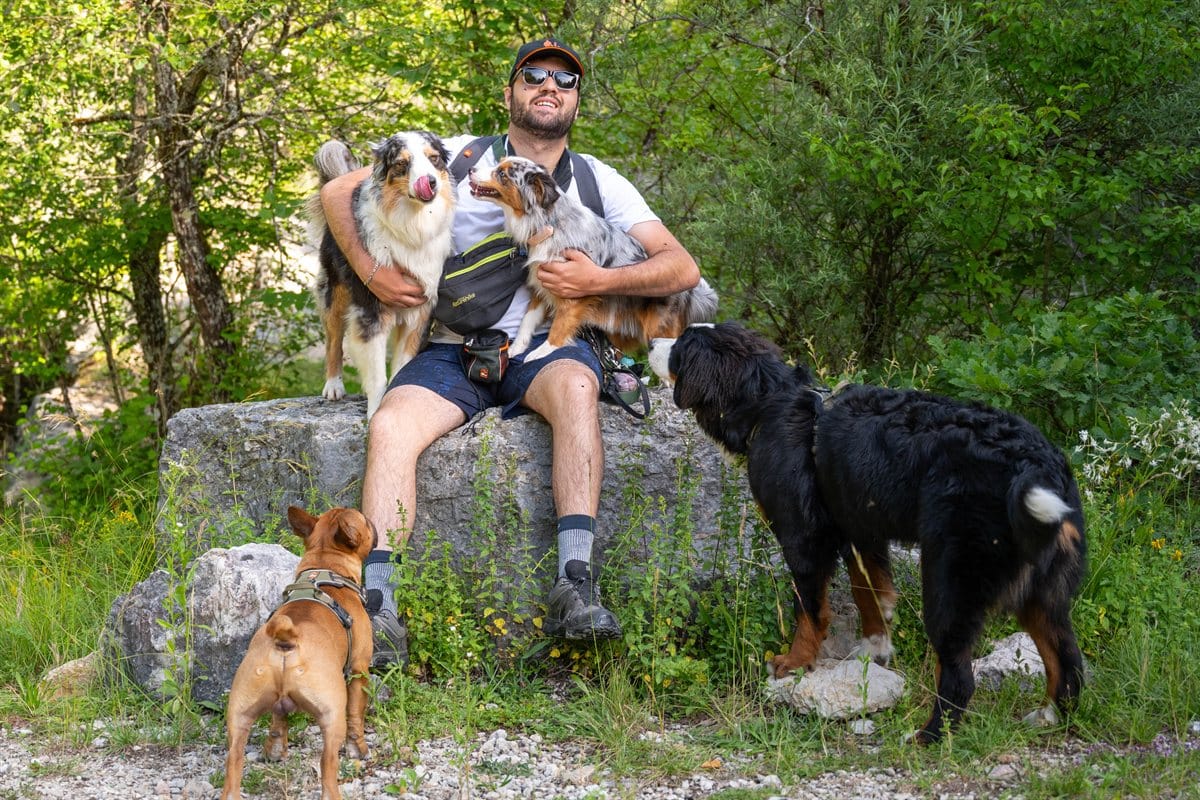 Maxime HARI, éducateur canin et comportementaliste diplômé, en balade éducative avec quatre chiens